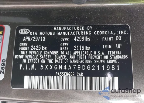 2013 Kia Optima Ex из США, поврежденный, VIN 5XXGN4A79DG211981